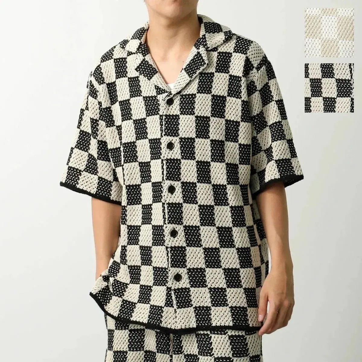 ASKYURSELF アスクユアセルフ シャツ CHECKERED CROCHET SHIRT メンズ ニット かぎ針編み チェッカーフラッグ クロシェ カラー