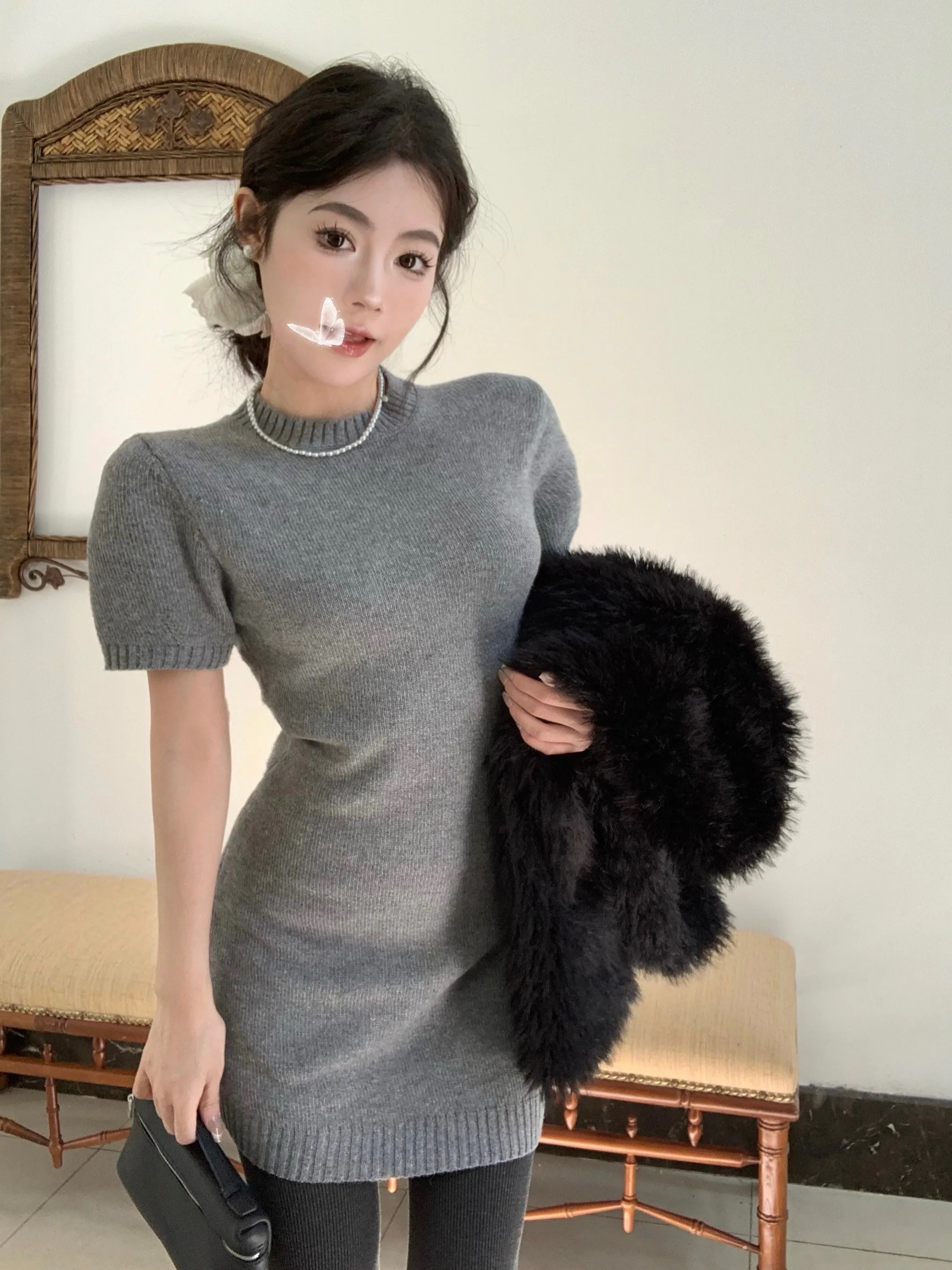 ワンピース ニット セーター ニットワンピ レディース ミニ ショート 膝上 半袖 パフスリーブ ハイネック スタンドカラー タイト スリム 細身 ふわふわ かわいい 大人可愛い きれいめ シンプル