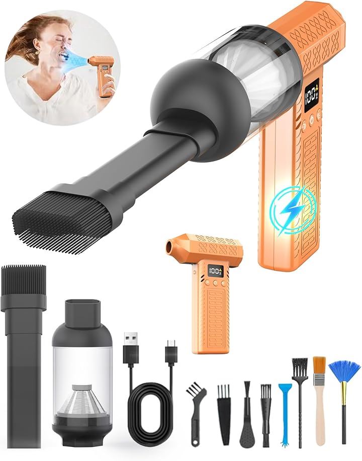 1台2役300000rpm電動エアダスター・15000paミニ掃除機・3段風量調整・世界トップレベル超強力 最大風速74m/s 小型 洗車ブロワー ハンディ掃除機 超軽量(くるみいろ)