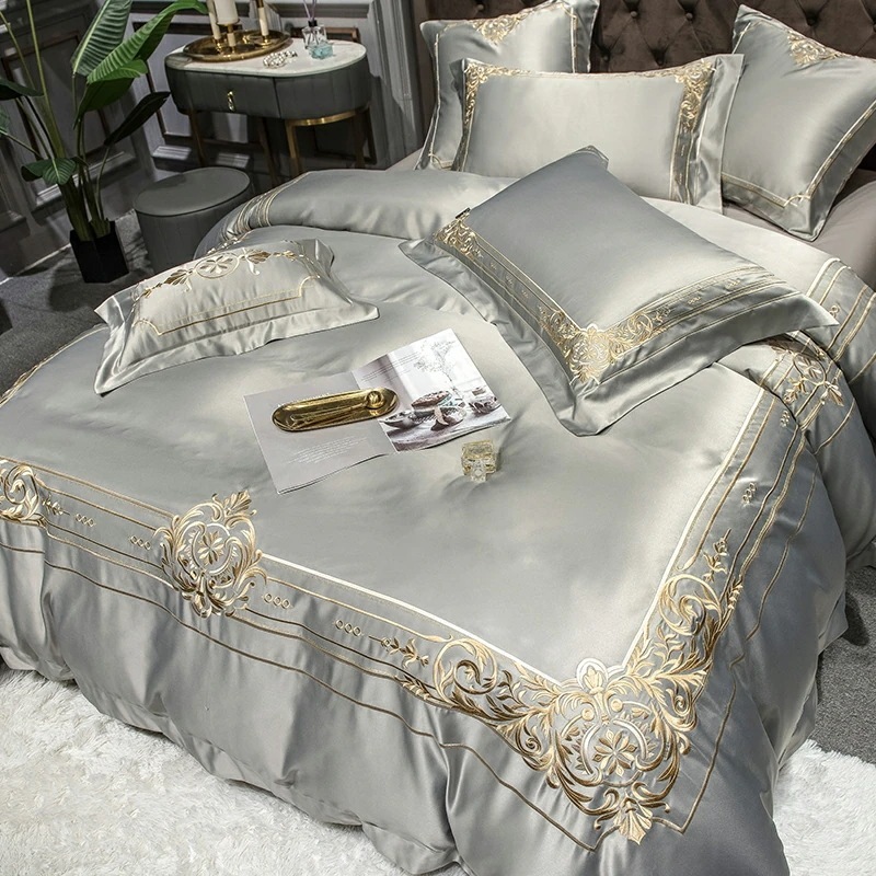 ベッド用品 北欧風 シルク 4点セット 掛け布団カバー 敷布 枕カバー アイスシルク 肌に柔らかい シルキー プリント 刺繍クラフト