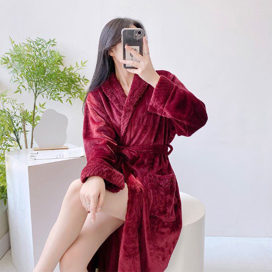 ルームウェア レディース ナイトガウン 羽織 ガウン バスローブ ウエストベルト フランネル 厚手 秋冬 暖かい 長袖 シンプル 無地 ポケット おうち服 ホームウェア ナイトウェア ナイトガウン