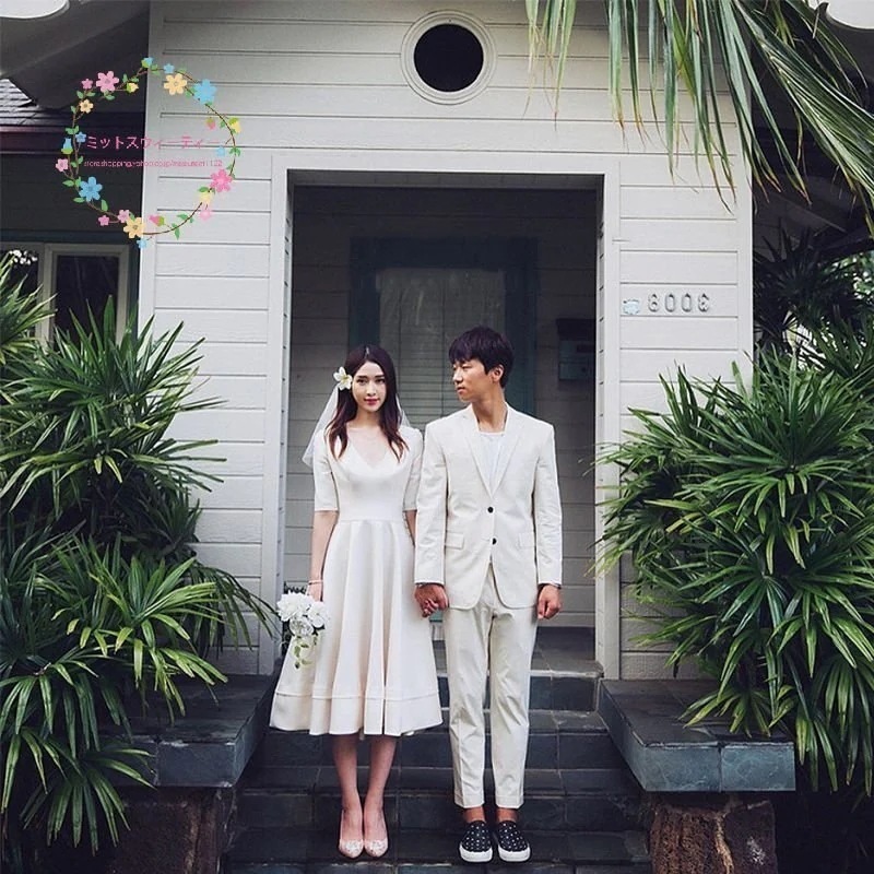 作ウェディングドレス二次会花嫁結婚式Aラインミモレ丈ウエディングドレス後撮りリボ