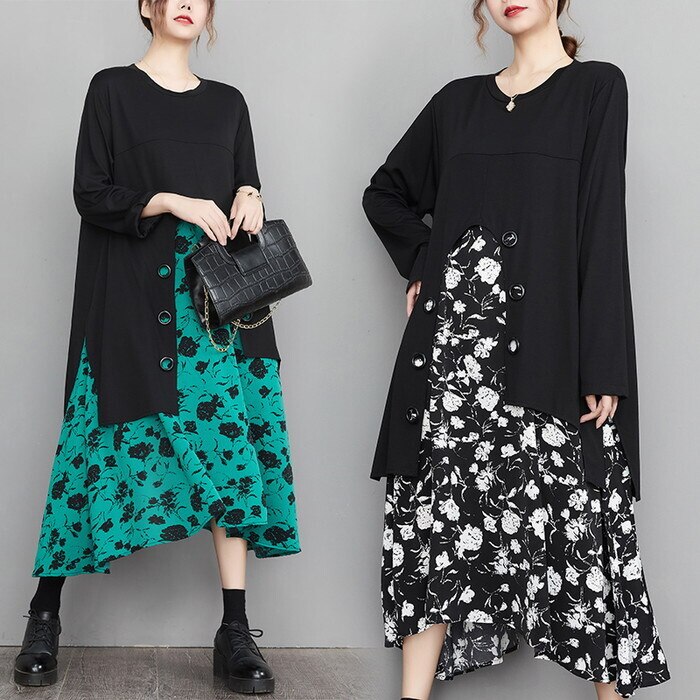 ワンピース セットアップ風 ドッキングワンピース ロングワンピース ロング丈 ミモレ丈 長袖 ラウンドネック 変形デザイン ボタン 無地 フレア 花柄 フラワー バイカラー 大きいサイズ