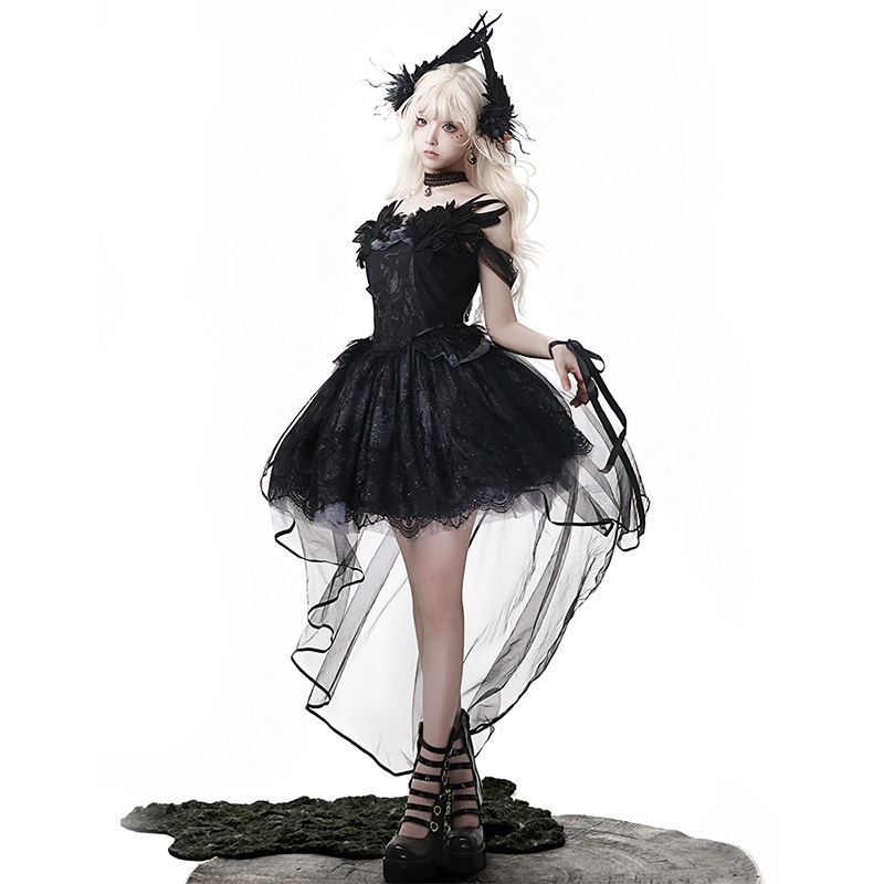 正規品ブラックスワンlolitaダークブラック系ロリータワンピースネクタイ髪飾り手衿セット