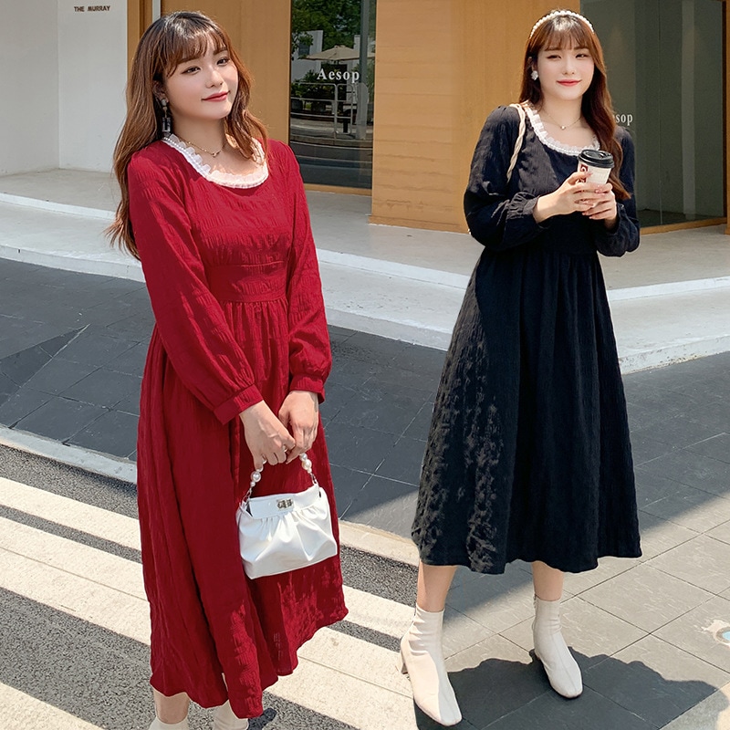 6L 4L 韓国ファッション ワンピース 秋冬 大きいサイズ マタニティ 体型カバー ゆったり 通勤 着痩せ 30代 40代 50代 60代秋装女法式気質ワンピースの中で長いサイズの婦人服の甘い肉を