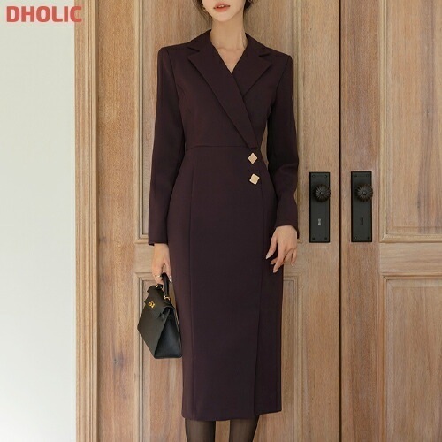 [メガ割りSALE]ゴールドスクエアボタンクロスカラーワンピース