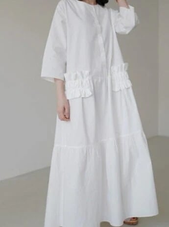 シンプルシャツロングワンピース ワンピース ロング丈 袖あり l Uネック フレア かわいい 大人可愛い シンプル 無地 春 夏 秋 20代 30代 40代 50代 お出かけ 休日 普段使い S