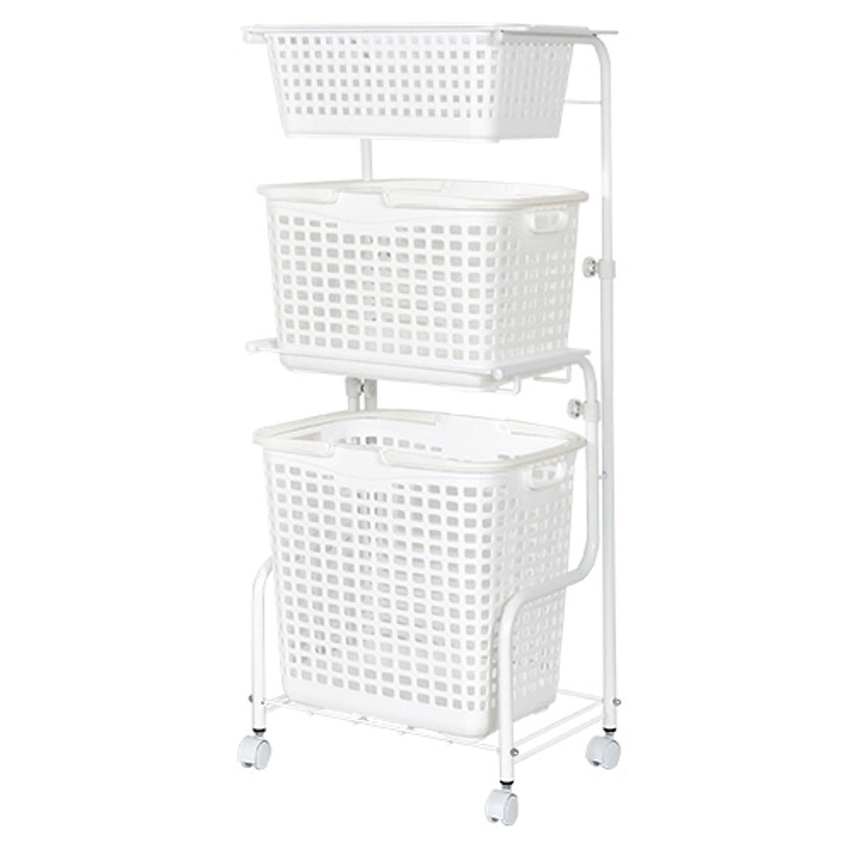 ランドリーワゴン 3段 ワイド キャスター付き ランドリー ワゴン キャスター付 タオル掛け 三段 洗濯かご 高さ調節 日本製 ランドリー収納 バスケット 取っ手付き 大容量 3段タイプ