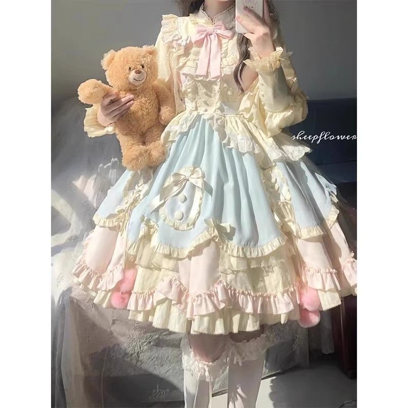 ブルーピンクかわいいロリータスカート長袖ロリータパフプリンセススカート秋と冬opスイートプリンセススカートトレンディワンピースドレスドレス