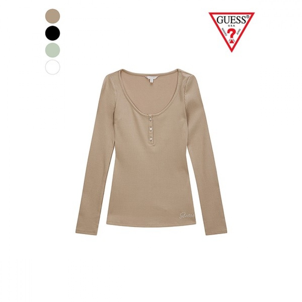 (Guess) W2YP46KBCO2 ジュエルボタンヘンリーネックリブ編みロングスリーブTシャツ YM3K2302