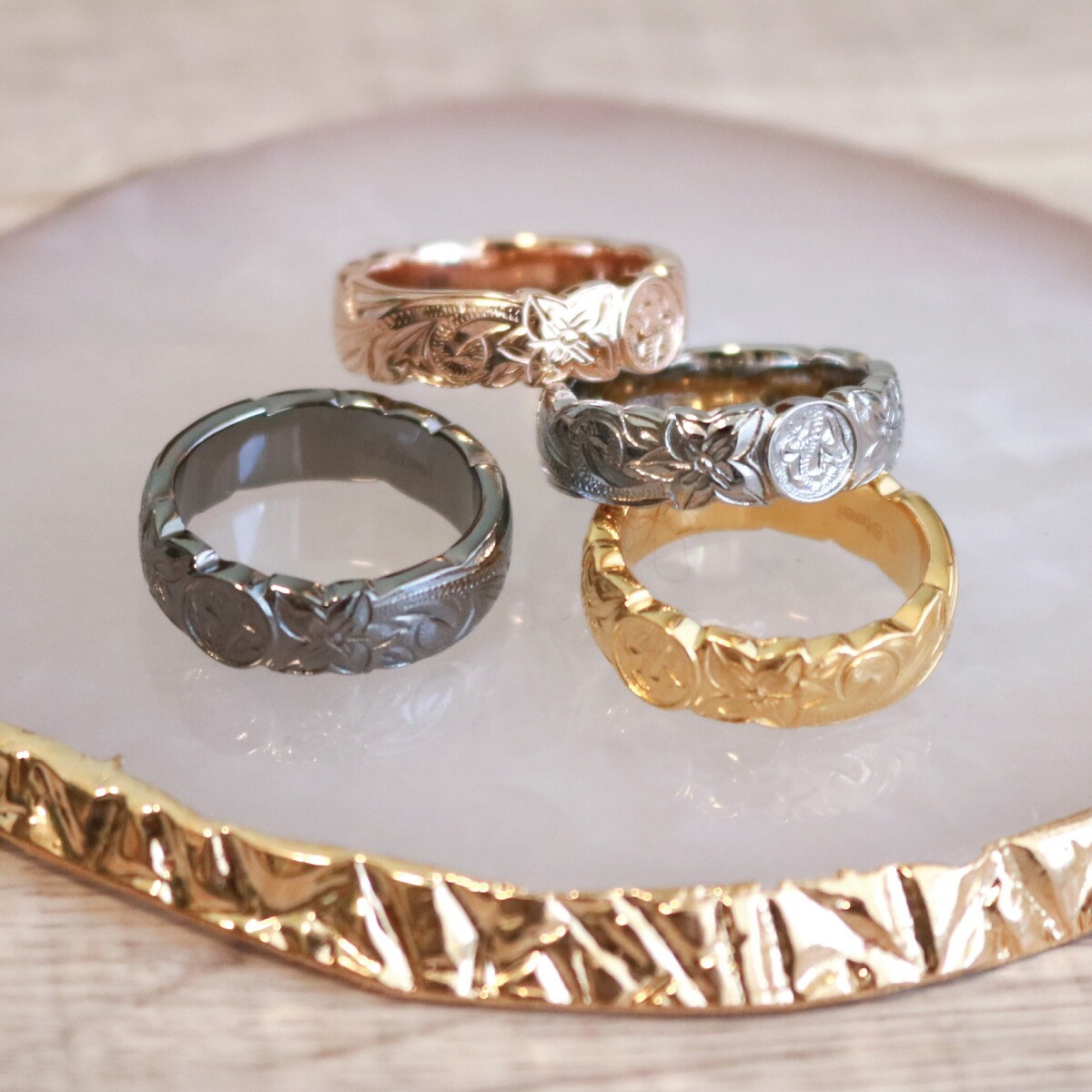 リング レディース メンズ サージカルステンレス316L ハワジュ コイン付き プルメリア 波