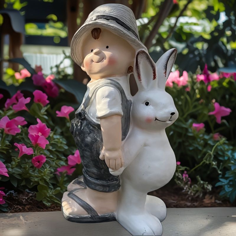 置物 オブジェ ガーデンオーナメント 少年とウサギ うさぎ ラビット 屋外 屋内 室内 インテリア 玄関 リビング ダイニング 装飾 庭 ガーデニング 装飾 ガーデン 可愛い ギフト インテリア用品