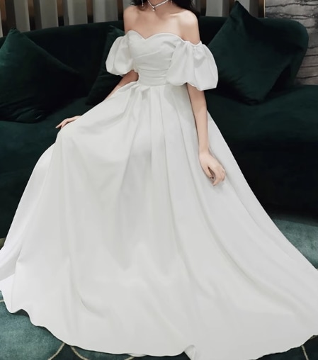 エレガント ウェディングドレス ベアトップ パフスリーブ 大人っぽい 編み上げ 2次会/合コン