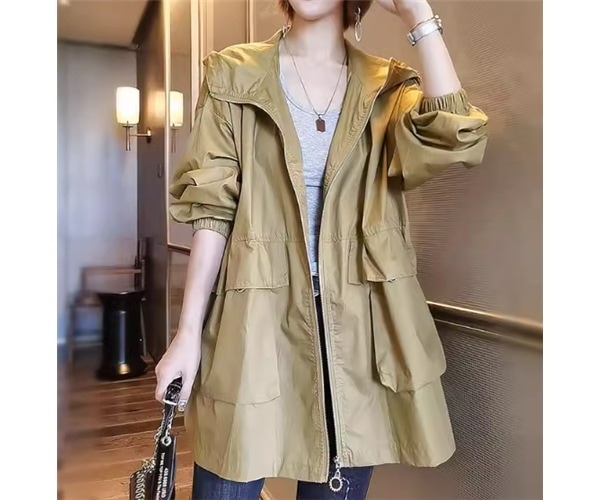 レディース コート アウター 上着 ウィンドブレーカー マウンテンパーカー ミドル丈 長袖 ドロップショルダー ファスナー ポケット 前開き 異国風 切り替えデザイン フード かわいい 大人可愛い