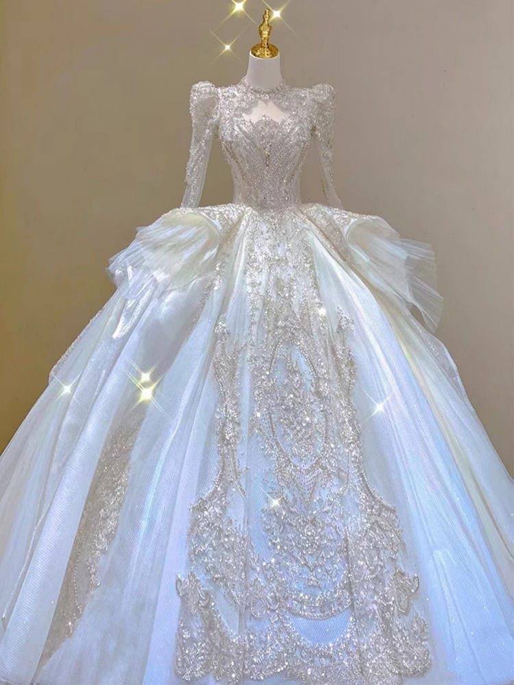 長袖メインウェディングドレス 2025 花嫁重工 ラージテール Vネック 星空 小さめ レディース ウェディングドレス ライト