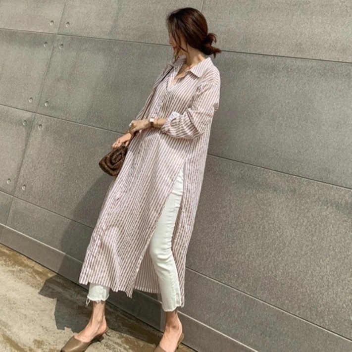 作/ストライプ シャツワンピース/女性/2025/膝/ゆったり/ミディアム丈/オープン/気質/薄/ドレスカップ付きインナー