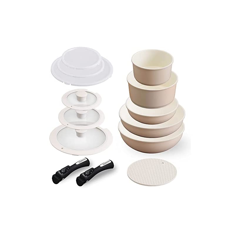 【即納】【時短省エネ】 アイリスオーヤマ 取っ手のとれる フライパン 鍋 13点セット IH ガス火対応 26cm 20cm コンパクト収納 軽量 セラミックカラーパン ベージュ CC-SE13N