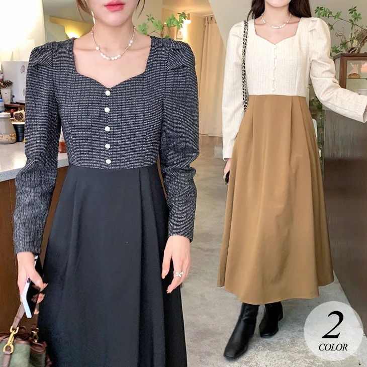 切替えデザイン ロング ワンピース 長袖 パフスリーブ フレア ドッキング ツイード 無地 ゆったり 大きめ 体型カバー 可愛い きれいめ オケージョン セレモニー 卒業式 入学式 春 秋 冬 レ