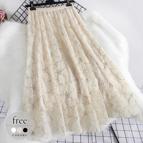 スカート ミモレ丈 ロング レディース 春 おしゃれ きれいめ 大きいサイズ フレア 長め スパンコール 花柄 軽やか ウエストゴム 楽ちん 大人可愛い ホワイト ブ