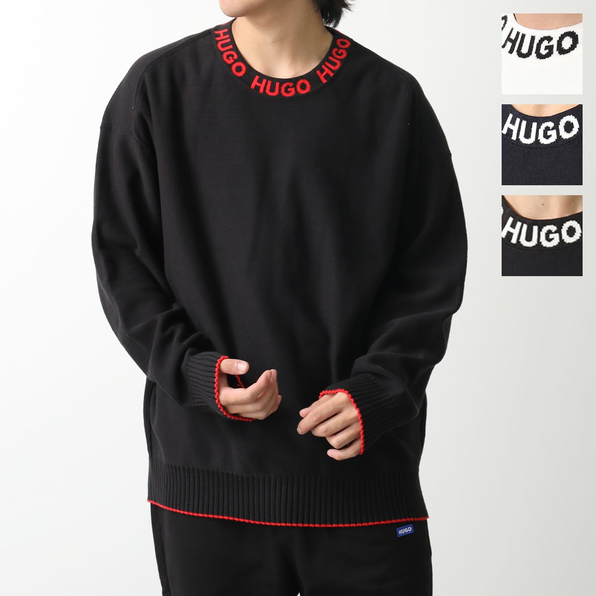 HUGO BOSS ヒューゴボス セーター SMARLO 50474813 メンズ HUGOライン ニット コットン 長袖 ロゴ オーバーサイズ クルーネック カラー4色