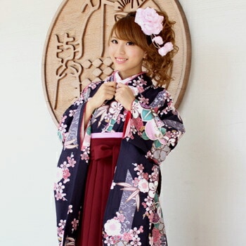 レンタル卒業式 袴 レンタル 女 袴セット 卒業式袴セット2尺袖着物&袴 フルセットレンタル紺地にピンク梅と笹安い 黒 ハカマ はかま rental