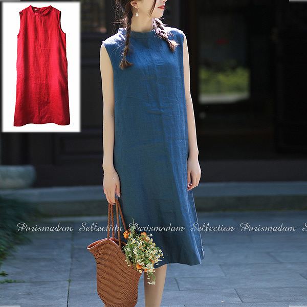 「品質良い」リネンワンピース　麻　膝下丈ゆったり　後姿がポイント　ノースリーブ　リゾート　海　上質素材【クリックポストで】