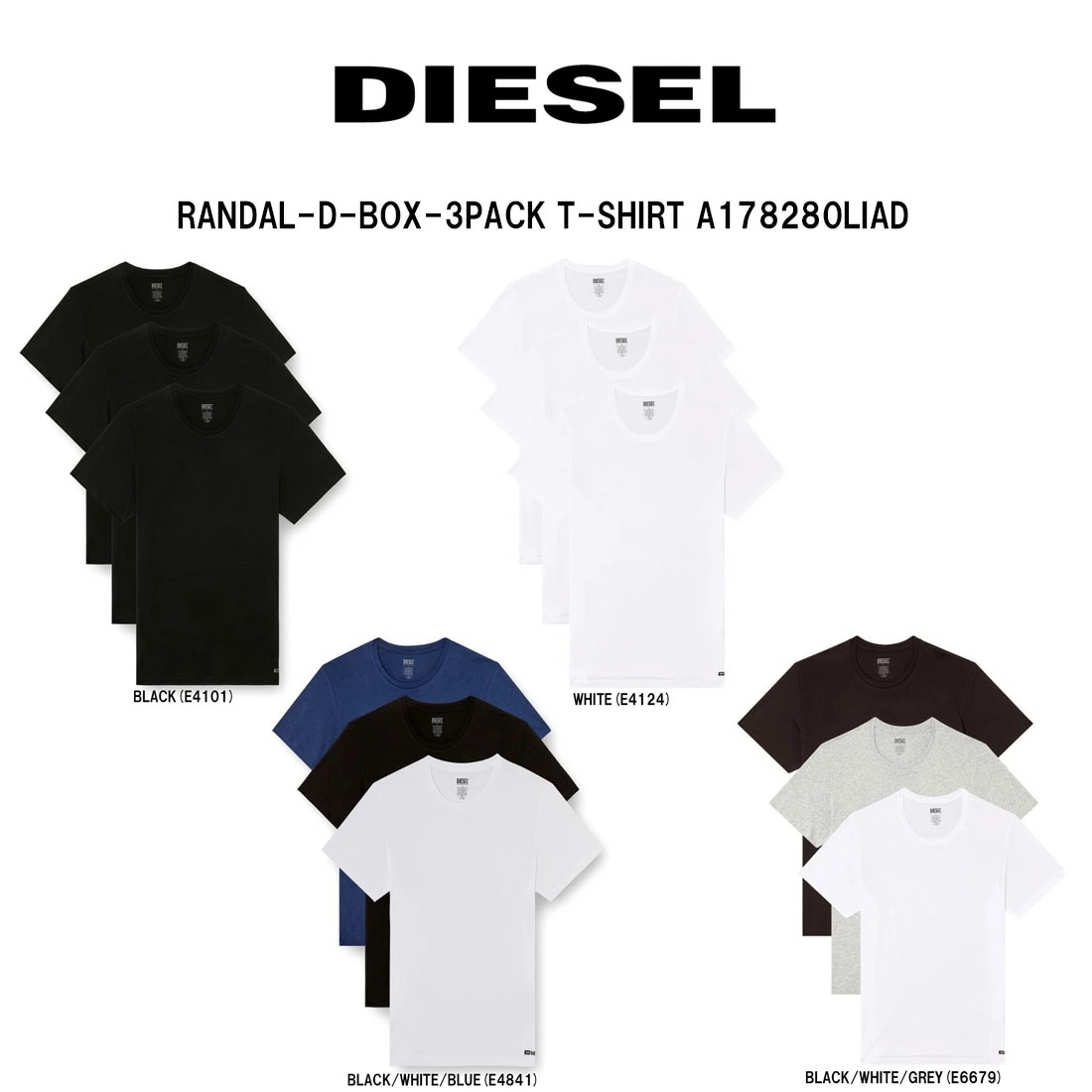 DIESEL Tシャツ クルーネック 3枚セット 無地 コットン ロゴ ワンポイント インナー アンダーウェア 肌着 パック 3PK メンズ A178280LIAD