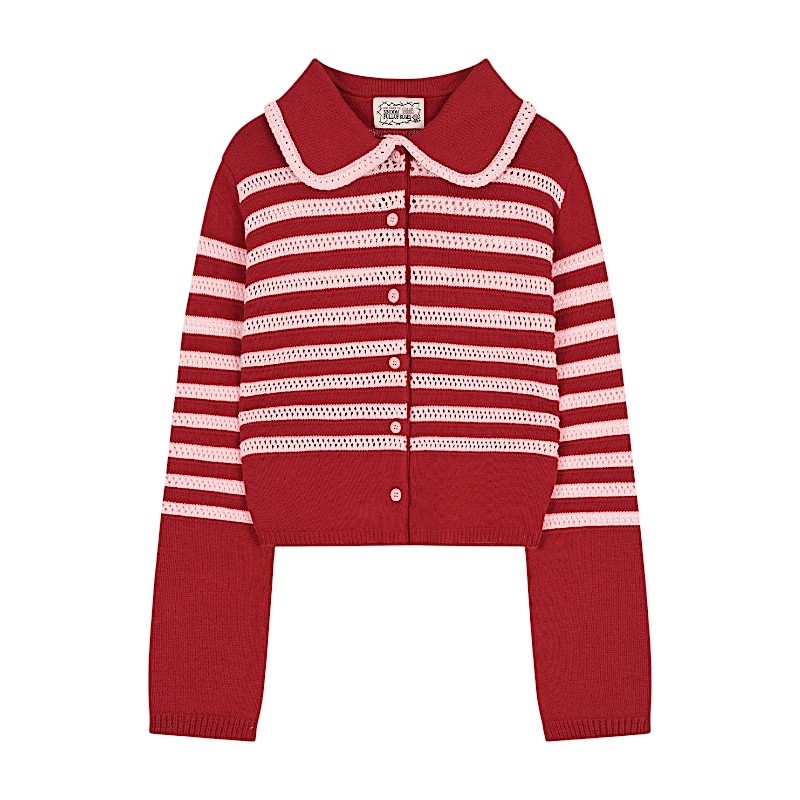 ストライプカラーカーディガン Red 可愛い ディリーファッション カーディガン 韓国ファッション 韓国ブランド フリーサイズ