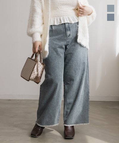 大きいサイズ レディース LL 3L 4L XL XXL XXXL 裾フリンジデニムワイドパンツ