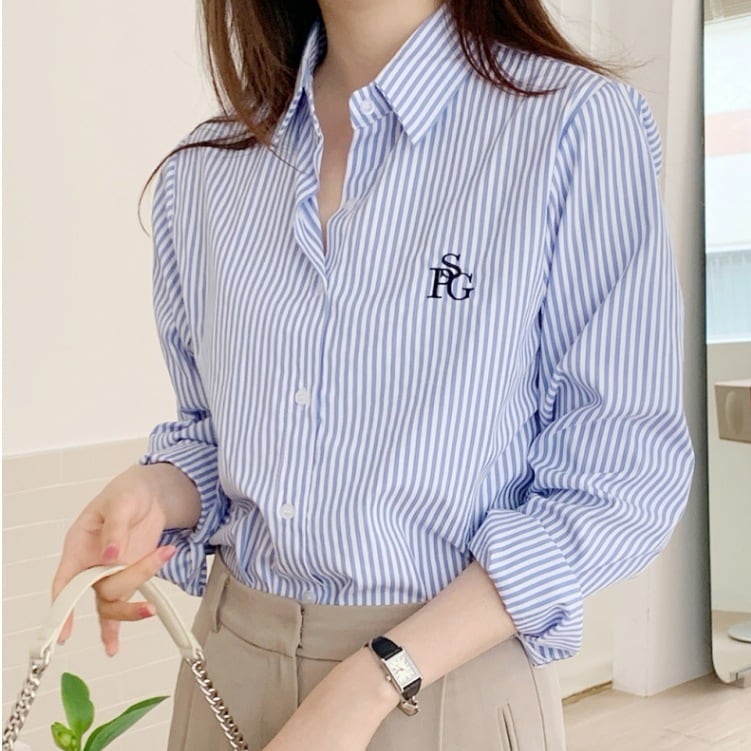 ストライプシャツ トップス Tシャツ シャツ ブラウス ロング ロング丈 袖あり 長袖 Vネック 襟付き スリム ストレート Iライン 前開き かわいい 大人可愛い きれいめ シンプル カジュアル