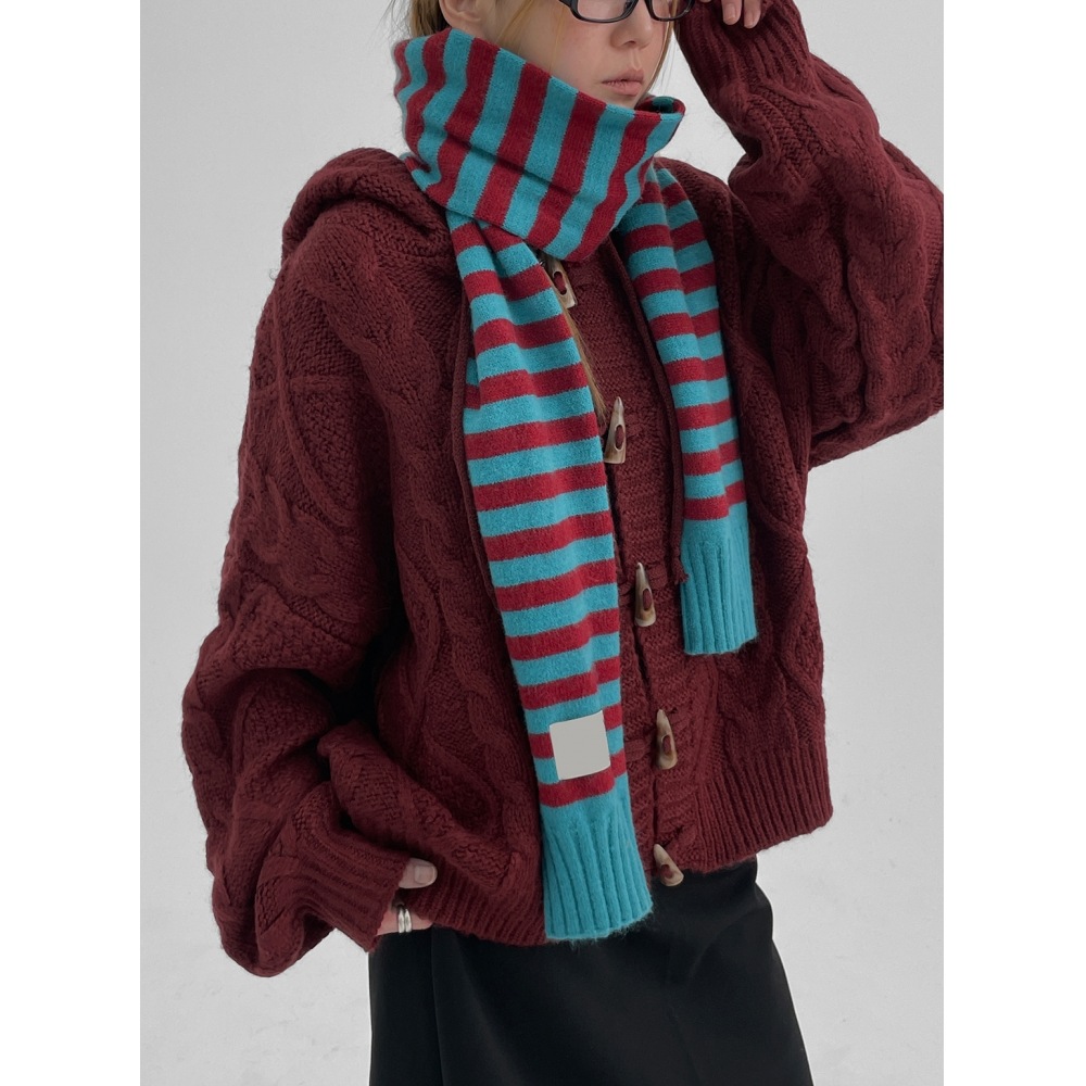 ブラックアップウィンダリーストライプウールニットマフラー