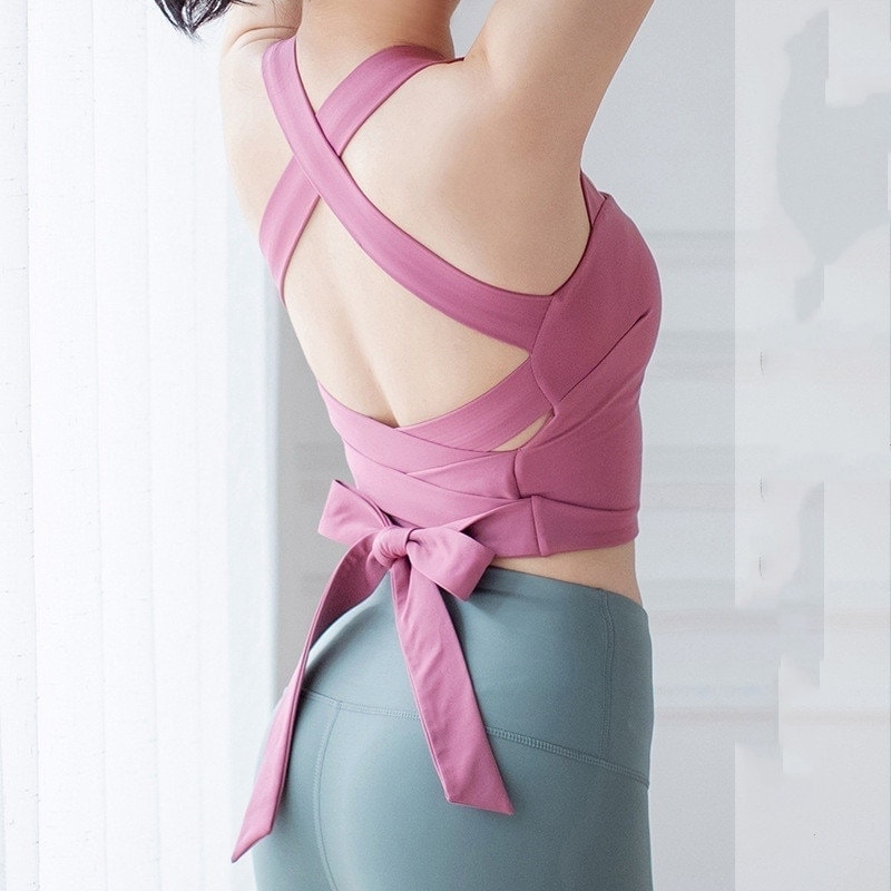 レディース ウェア フィットネス スポーツ ヨガ 胸パッド ロングベスト 女性 美しいバックブラ 新商品 高弾性 リボンフィットネス・ヨガトップス