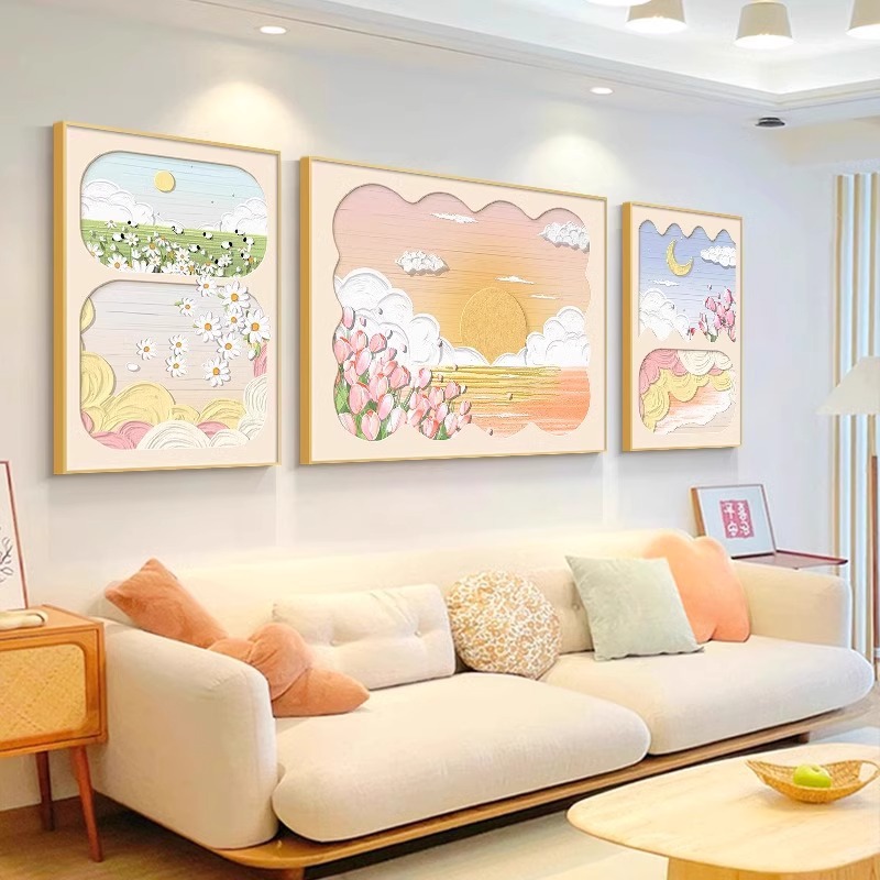インスクリームスタイルリビングルーム装飾絵画高級テクスチャー花三連祭壇画壁画油絵ソファ背景壁掛け絵画
