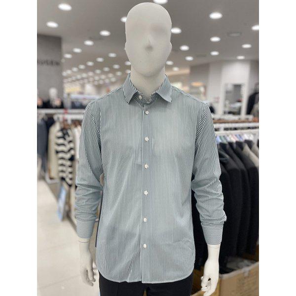 メンズ 伸縮性 抜群 長袖 グリーン ストライプ スーツ ワイシャツ