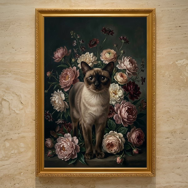 猫（バーミーズ）の花に囲まれた油絵風アート A3額装インテリア壁掛け