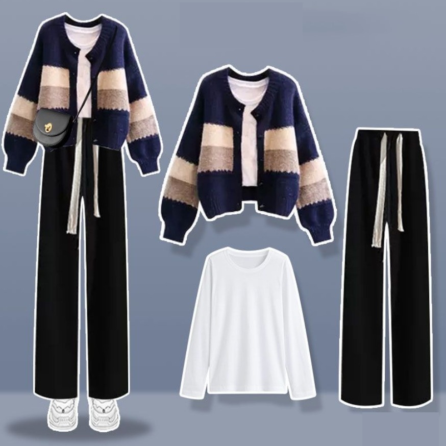 【柔らかくて優しい印象】 一番人気ルーズラウンドネックTシャツ+シングルブレストボーダー柄配色カーディガン+ハイウエスト着瘦せガウチョパンツ3点セット
