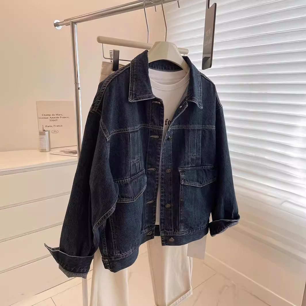 女性用レトロダークブルーデニムジャケット春秋韓国風万能ルーズポケットワークジャケットカジュアルトップス 7,882円