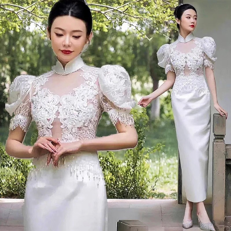 ウエディングドレス 白 フレンチレースのドレスです パフスリーブマーメイド 二次会 花嫁披露宴結婚式 マーメイドドレス 二次会 ブライダル