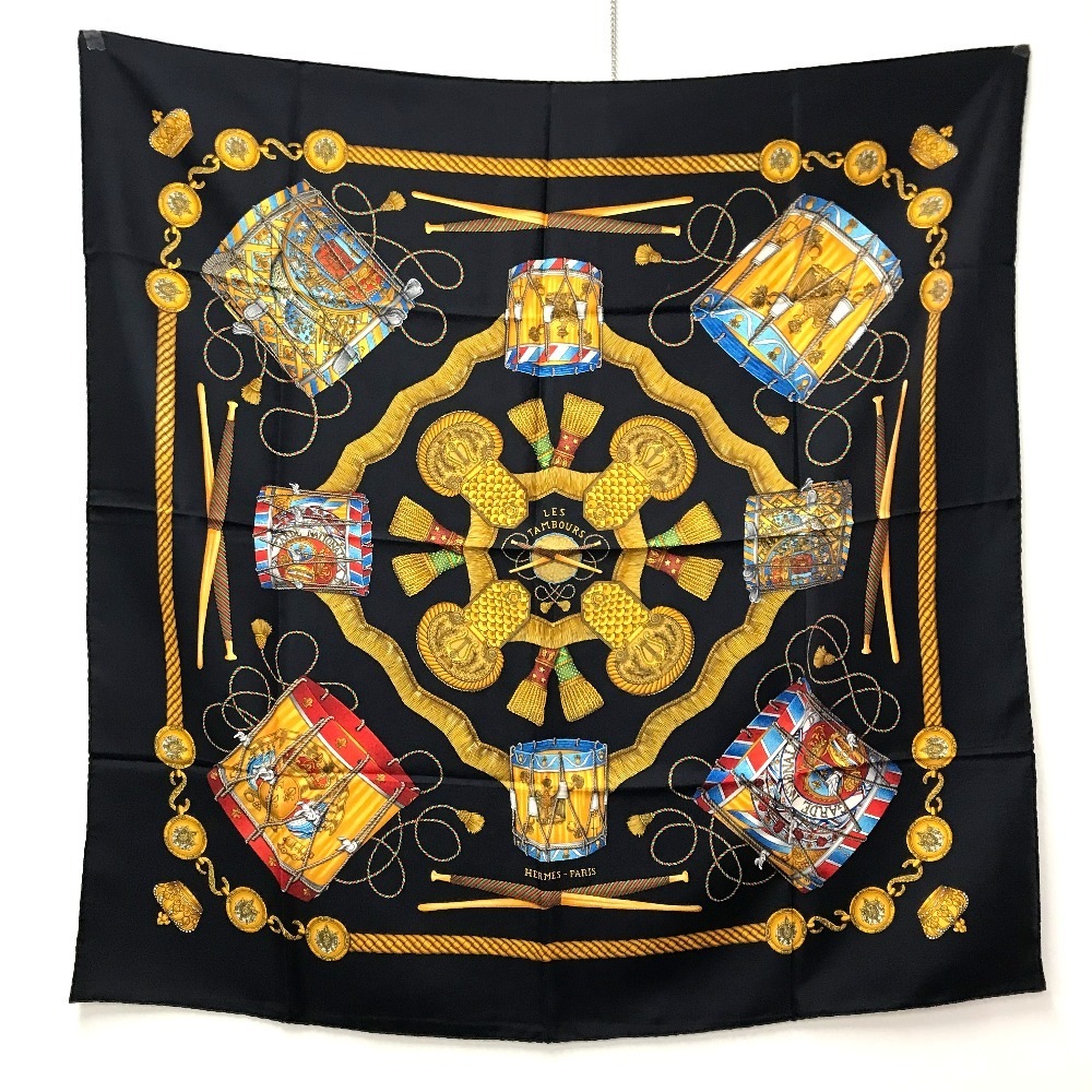 スカーフ カレ90 LES TAMBOURS タンブールの太鼓 シルク ブラック