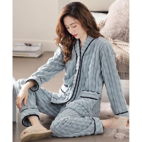 【取寄：納期2週間】ルームウェア レディース パジャマ ホームウェア 上下セット 2点セット Ｖネック 前開き フロントボタン 長袖長ズボン ポケット フランネル シンプル 無地 おうち服 リラックス