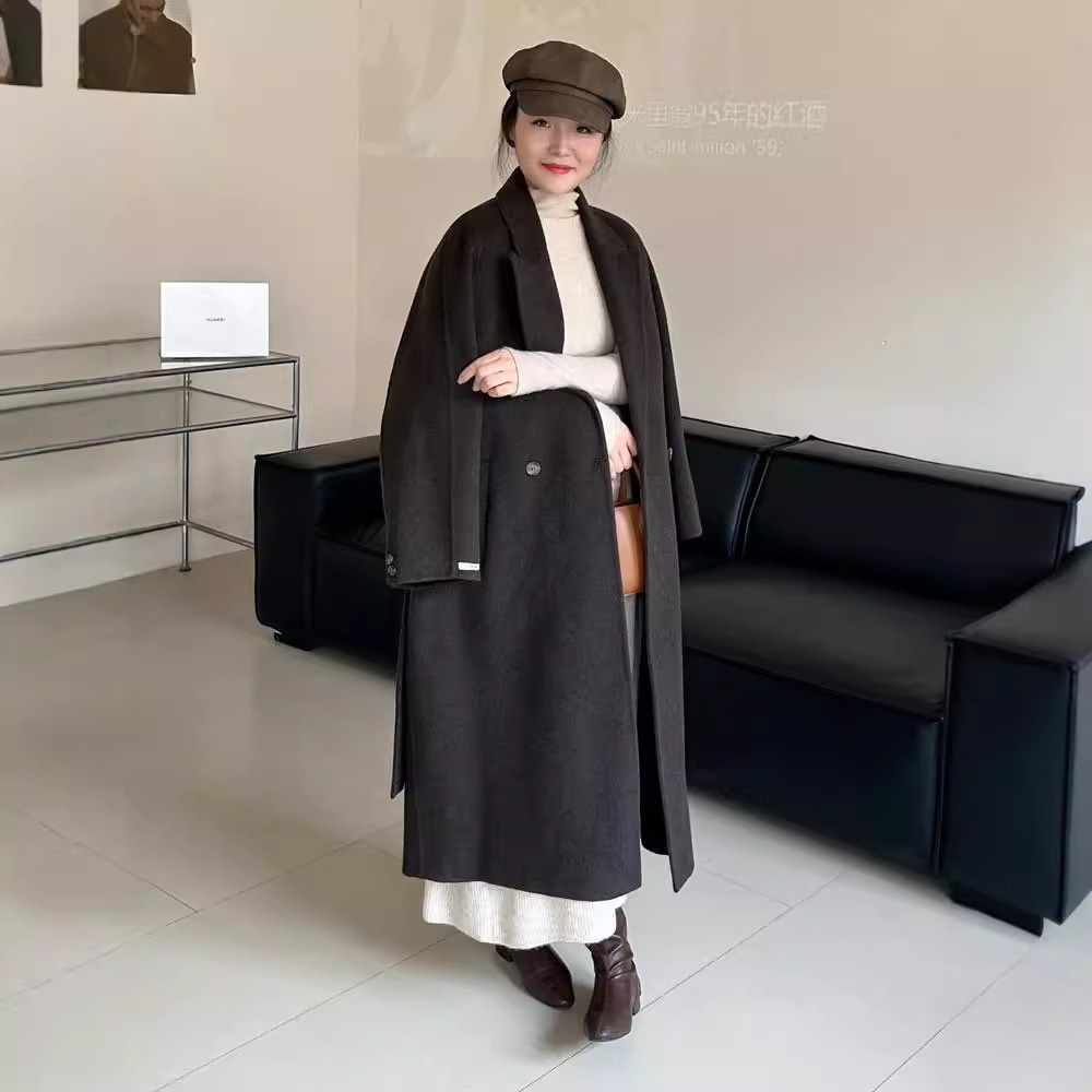 ベルト付きダブルフェイスウールコートスーツカラー新しいスタイルゆったりとしたウエストロングカシミアウールコート韓国スタイル