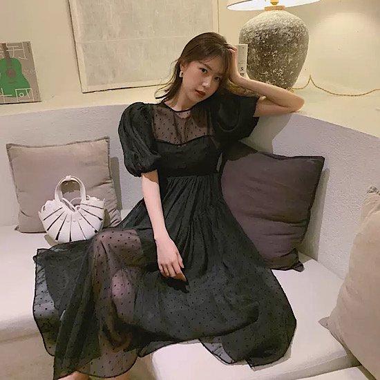 【取寄：納期2週間】結婚式ドレス レトロ シフォン パフスリーブ ドット柄 ラウンドネック 発表会 演奏会 レディース フレアドレス 結婚式 ステージ衣装 半袖 ロング丈 エレガント 5,480円