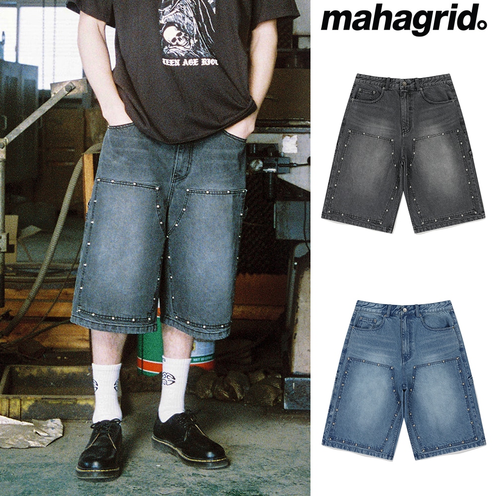 [mahagrid] STUD DOUBLE KNEE DENIM SHORT