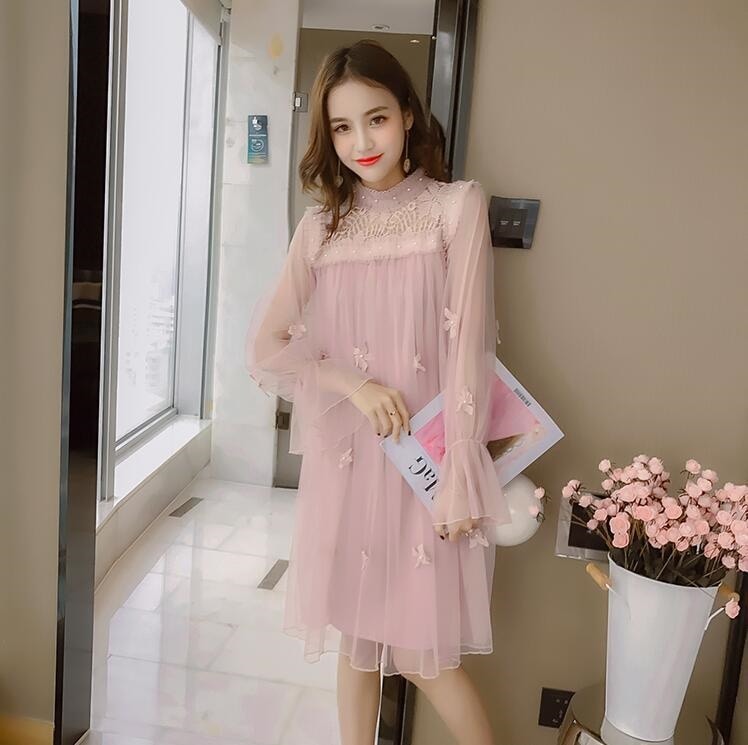 1614.レースシースルーミディ丈ワンピース（ピンク） 2019 春夏 sale 結婚式 パーティー 二次会 デート 女子会 記念日 レストラン