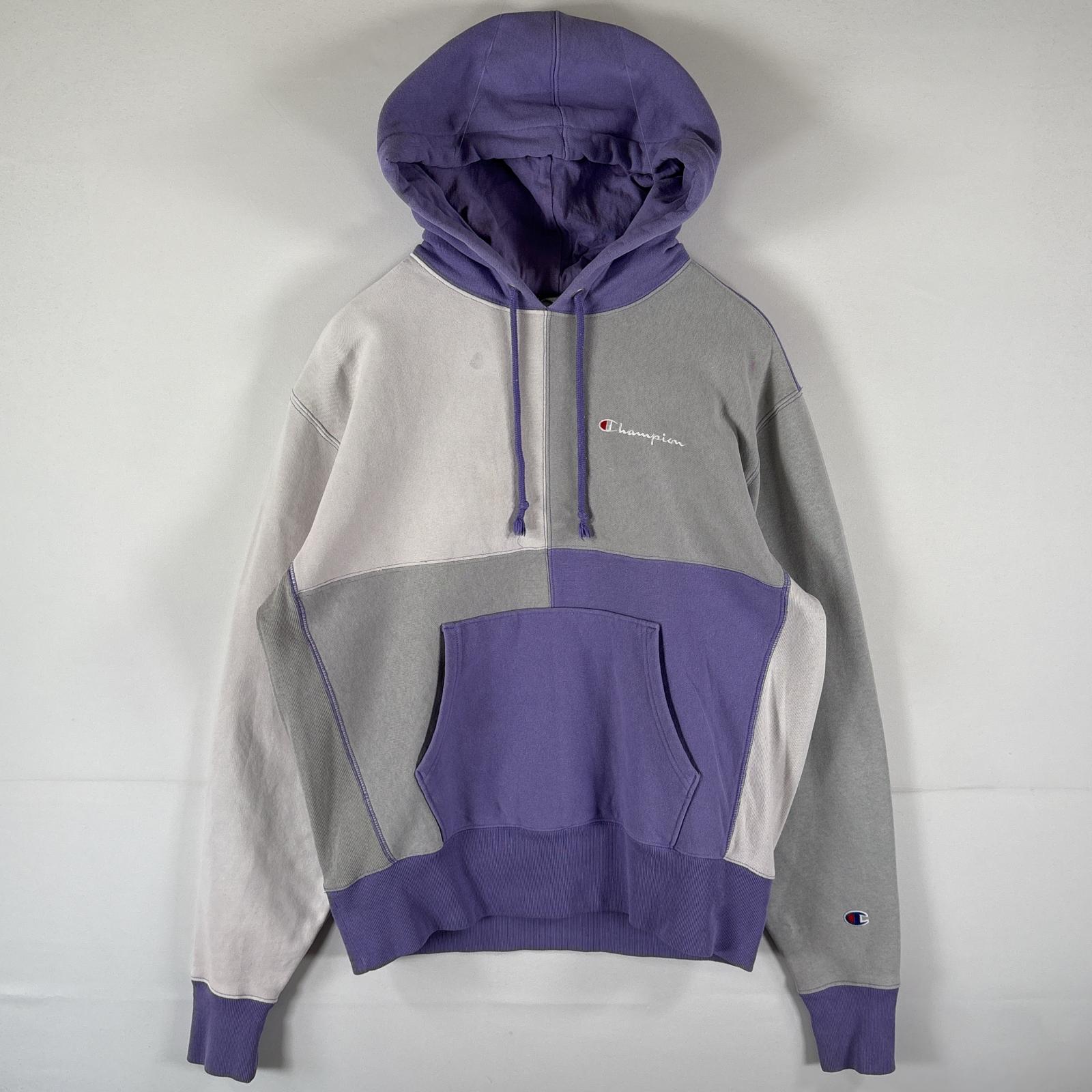 古着 パーカー リバースウィーブ スウェット パッチワーク ワンポイントロゴ フーディ MEDIUM パープル メンズ