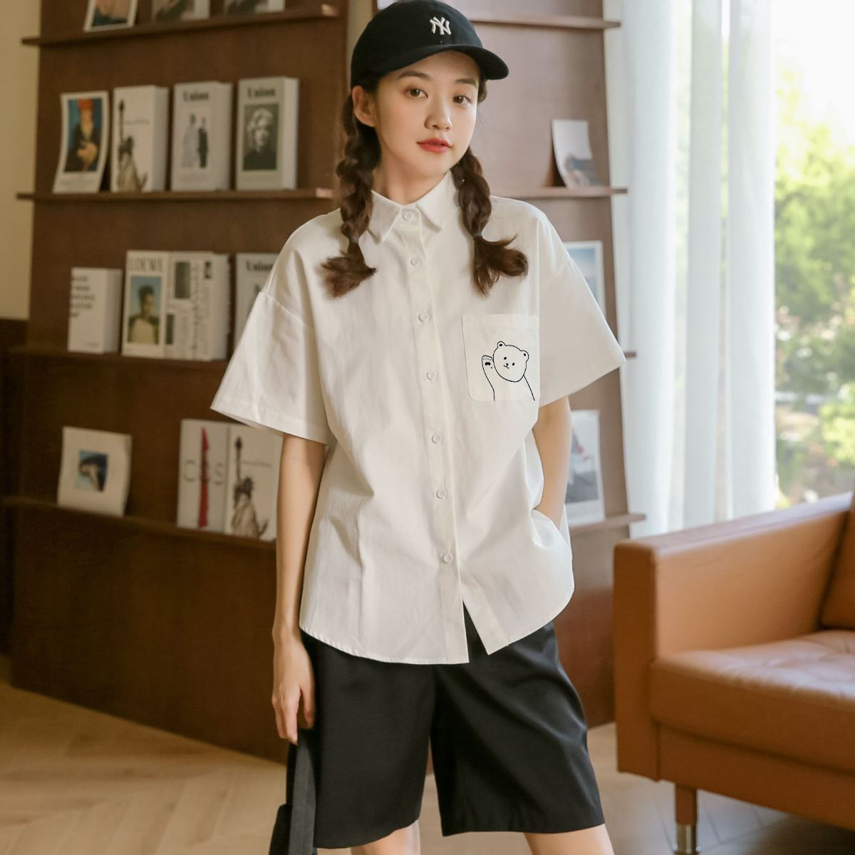ホワイト半袖シャツ レディース 学生 ゆったり 羽織り カジュアル ブラウス985