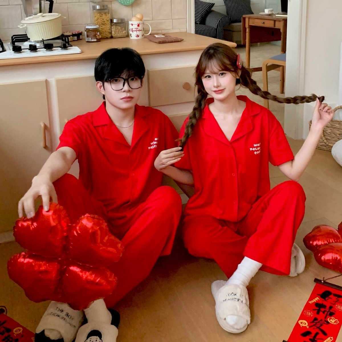 春夏新作 純綿 カップル用 明るい赤 パジャマセット 半袖パンツ カーディガン 結婚式/誕生年 ホームウェア