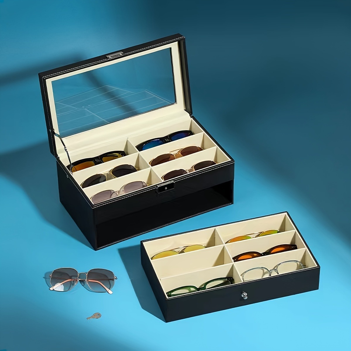 メガネケース サングラス 収納ケース 2段 12本 眼鏡ケース 収納ボックス コレクションケース ディスプレイケース レザー調 ハード インテリア メンズ レディース 小物入れ アクセサリーケース ギ