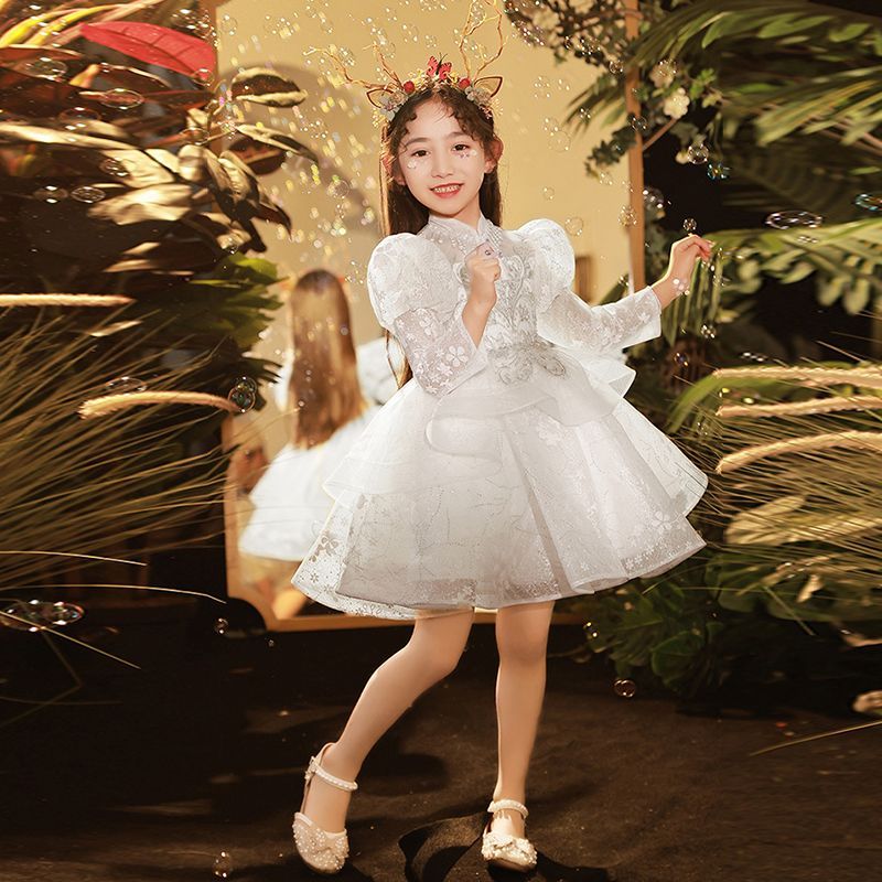 フラワーガール ウェディング リトルガール ホワイトドレス 秋 長袖 プリンセスドレス 子供用 ピアノホスト 演奏衣装