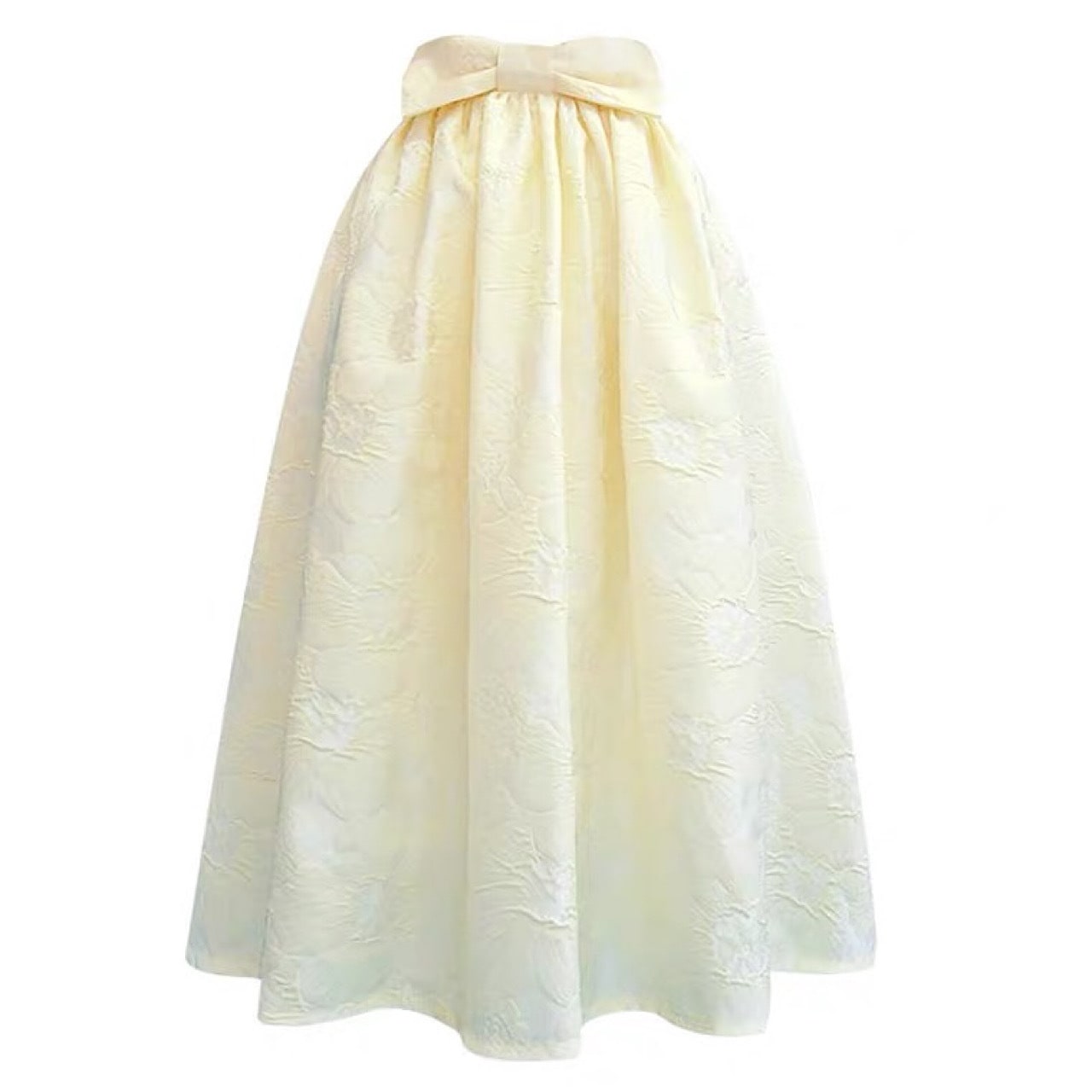 ジャガードロングスカートウエストリボンライトイエロー【bt0062】